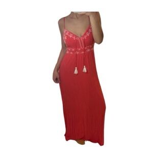 Chic Coral Maxi Dress with Tassel Accents